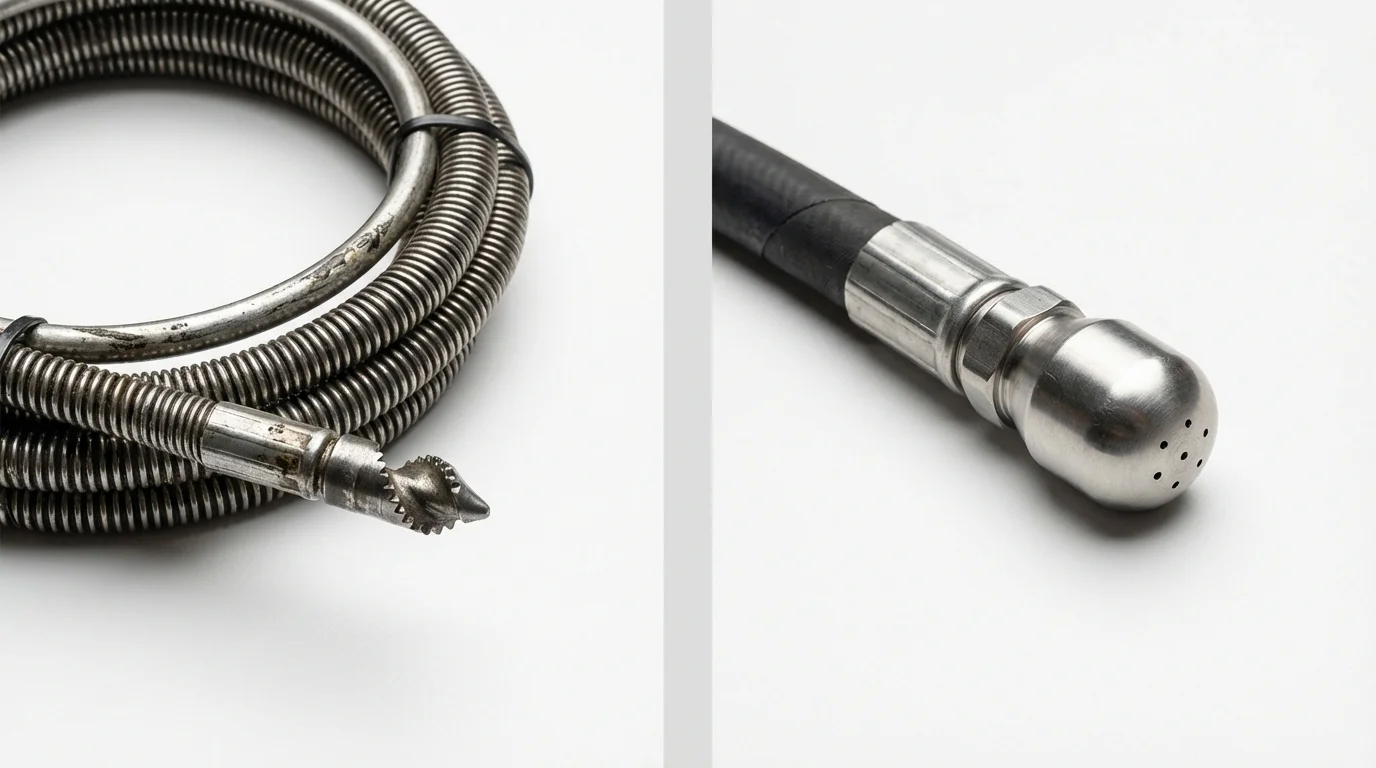 Drain snake cable and hydro jetting nozzle used for drain cleaning in Roseboro, NC