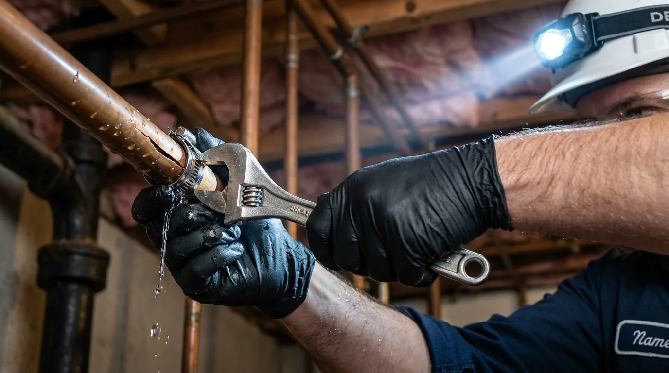 Emergency pipe clamp repair being performed by a Johns Plumbing LLC plumber in Roseboro
