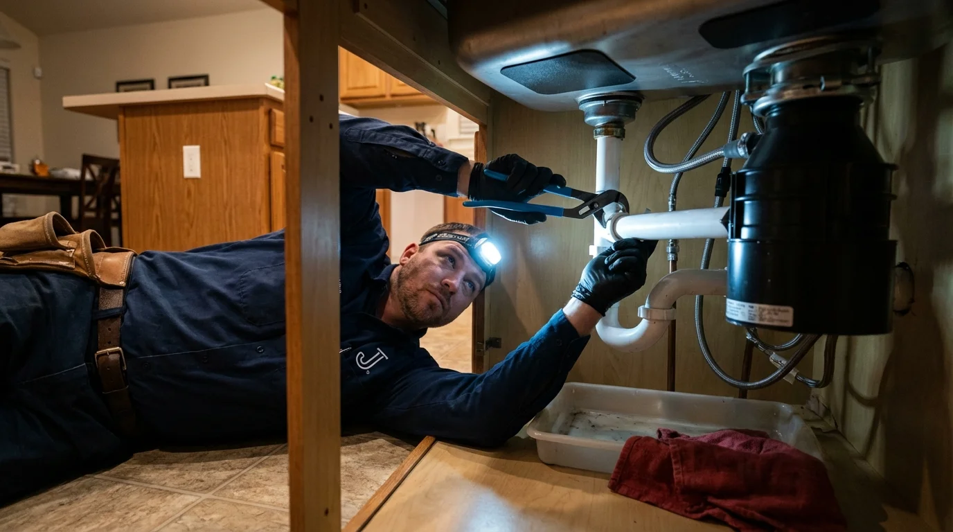 P-trap and supply line connections under a kitchen sink showing a common leak point in Roseboro, NC